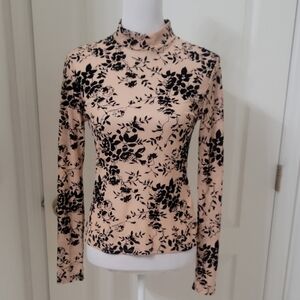 Unbranded Size S Flesh / Nude Mesh Long Sleeve Top w/Black Velvet Floral Pattern